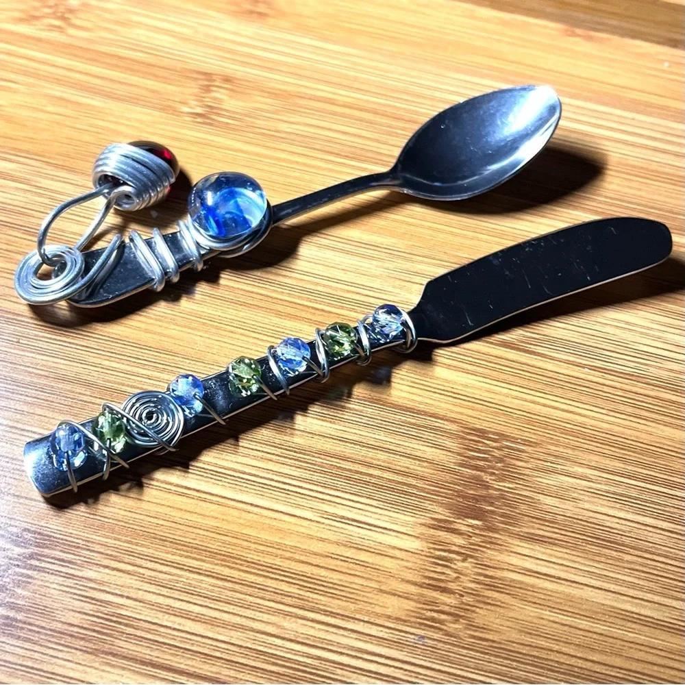 Wire & Bead Wrapped Stainless Steel Flatware Condiment Spoon Butter/Spread Knife